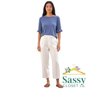 Ann Taylor Top M Periwinkle Blue Flounce Sleeve Crew Neck Tee Blouse